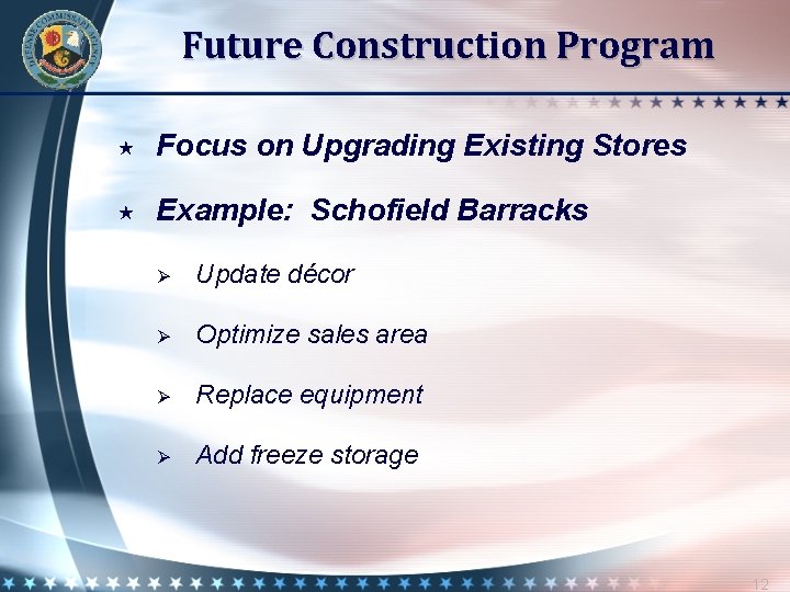 Future Construction Program Focus on Upgrading Existing Stores Example: Schofield Barracks Ø Update décor