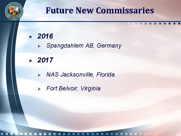 Future New Commissaries 2016 Ø Spangdahlem AB, Germany 2017 Ø NAS Jacksonville, Florida Ø