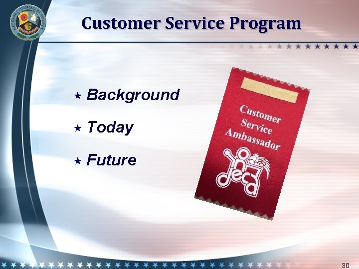 Customer Service Program Background Today Future 30 