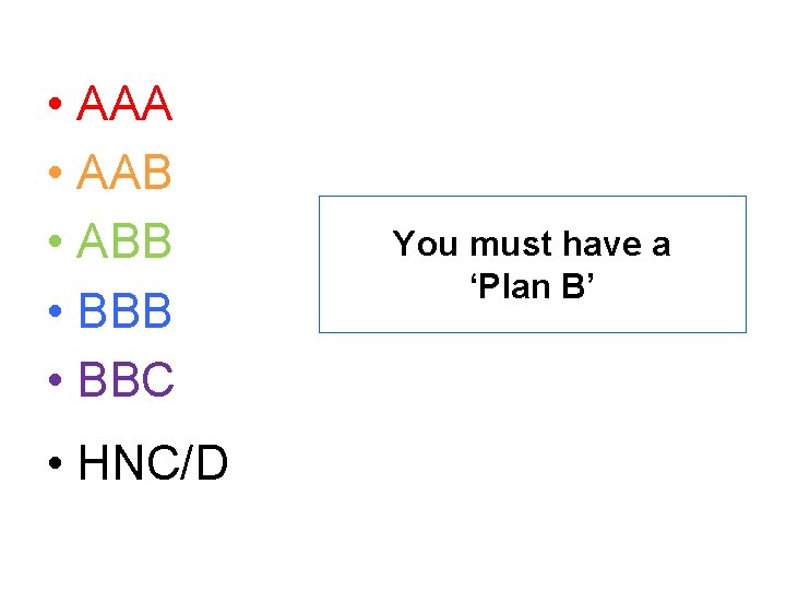  • AAA • AAB • ABB • BBC • HNC/D You must have