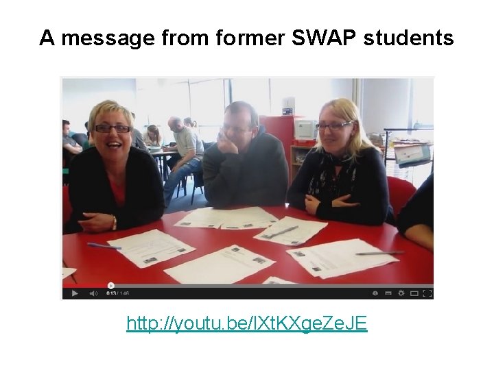 A message from former SWAP students http: //youtu. be/l. Xt. KXge. Ze. JE 