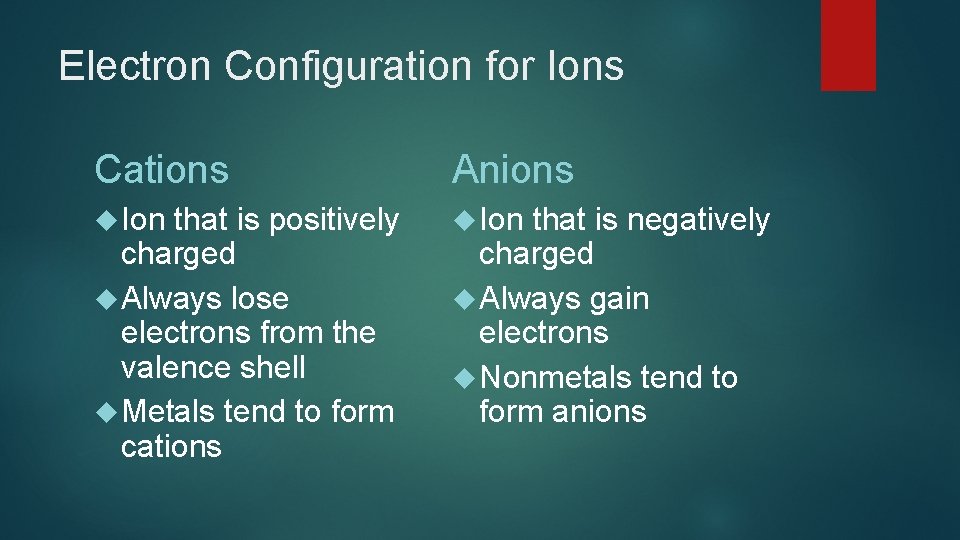 Electron Configuration for Ions Cations Anions Ion that is positively charged Always lose electrons Electron Configuration for Ions Cations Anions Ion that is positively charged Always lose electrons
