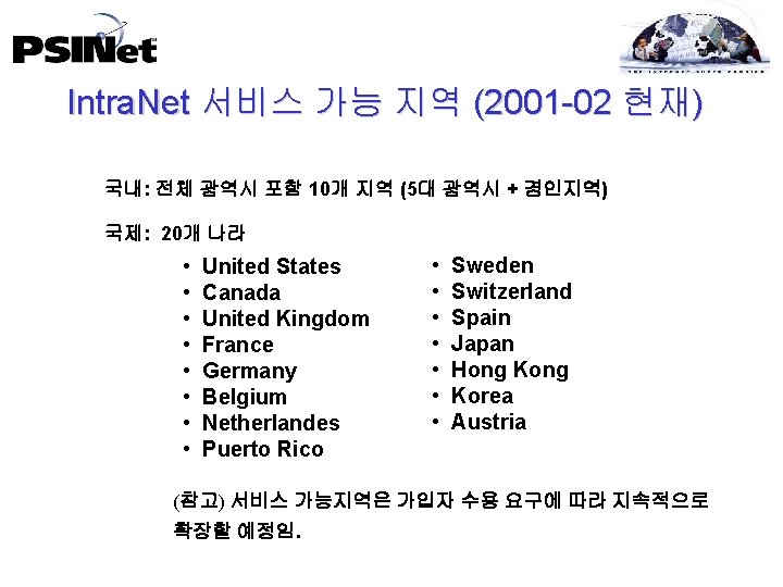 Intra. Net 서비스 가능 지역 (2001 -02 현재) 국내: 전체 광역시 포함 10개 지역