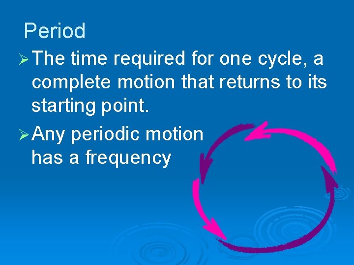 Period Ø The time required for one cycle, a complete motion that returns to