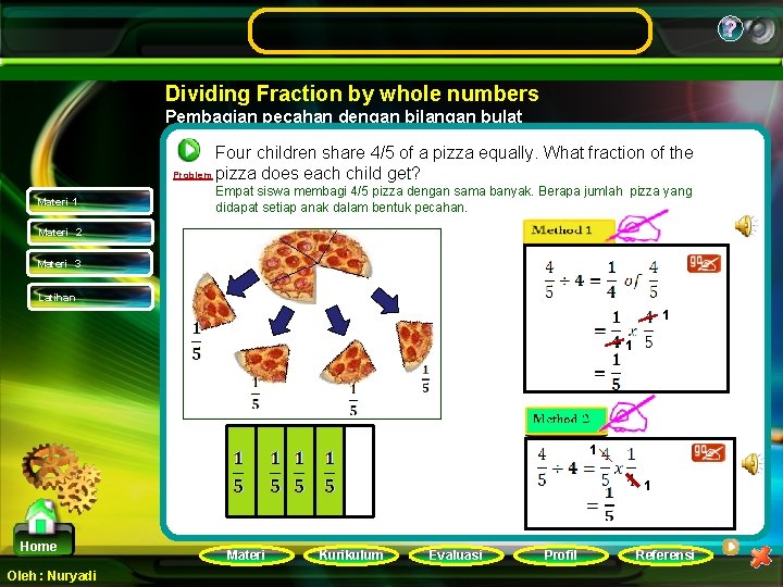 ? Dividing Fraction by whole numbers Pembagian pecahan dengan bilangan bulat Four children share