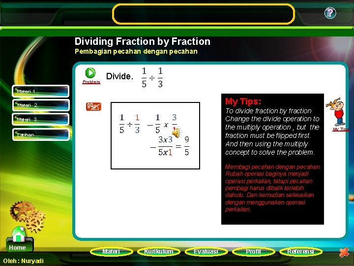 ? Dividing Fraction by Fraction Pembagian pecahan dengan pecahan Problem Divide. Materi 1 My