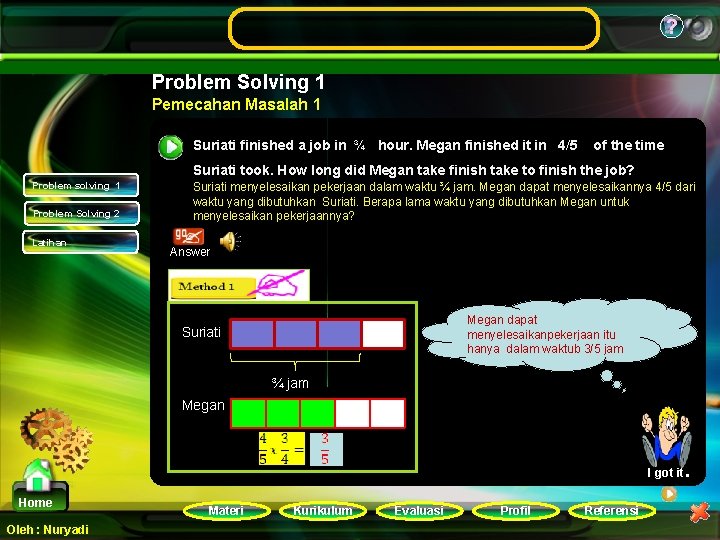 ? Problem Solving 1 Pemecahan Masalah 1 Suriati finished a job in ¾ hour.