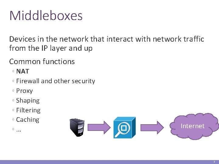 Middleboxes Devices in the network that interact with network traffic from the IP layer