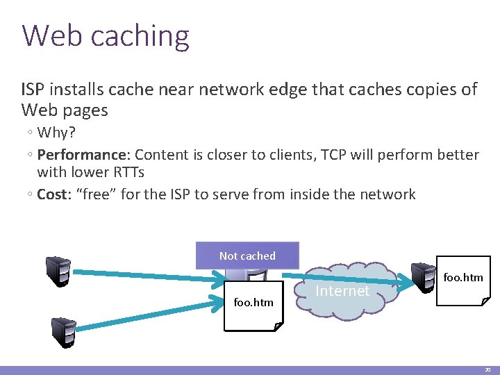 Web caching ISP installs cache near network edge that caches copies of Web pages