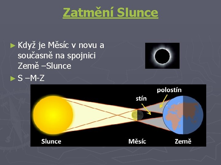 Zatmění Slunce ► Když je Měsíc v novu a současně na spojnici Země –Slunce