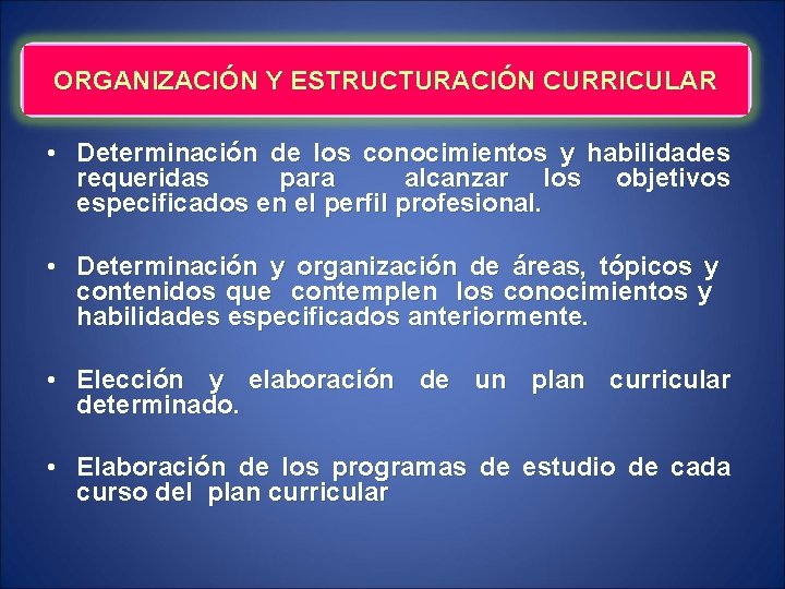 ORGANIZACIÓN Y ESTRUCTURACIÓN CURRICULAR • Determinación de los conocimientos y habilidades requeridas para alcanzar