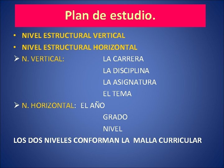 Plan de. DEestudio. EL PLAN ESTUDIOS • NIVEL ESTRUCTURAL VERTICAL • NIVEL ESTRUCTURAL HORIZONTAL