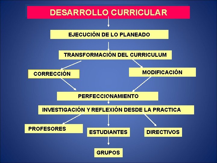 DESARROLLO CURRICULAR EJECUCIÓN DE LO PLANEADO TRANSFORMACIÓN DEL CURRICULUM MODIFICACIÓN CORRECCIÓN PERFECCIONAMIENTO INVESTIGACIÓN Y