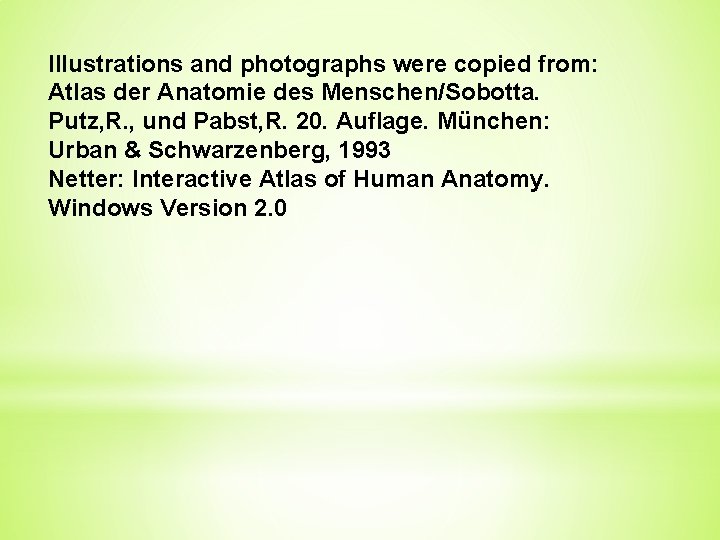 Illustrations and photographs were copied from: Atlas der Anatomie des Menschen/Sobotta. Putz, R. ,