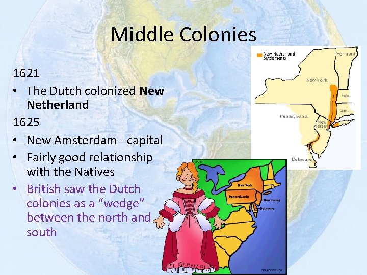 Middle Colonies 1621 • The Dutch colonized New Netherland 1625 • New Amsterdam -