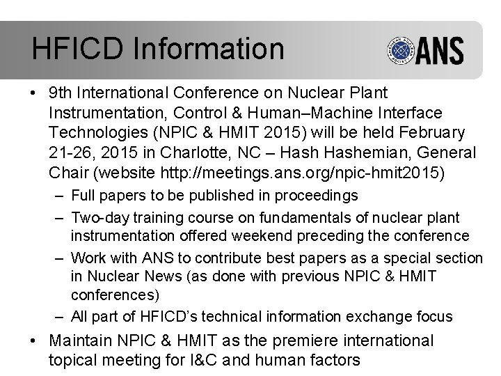 HFICD Information • 9 th International Conference on Nuclear Plant Instrumentation, Control & Human–Machine