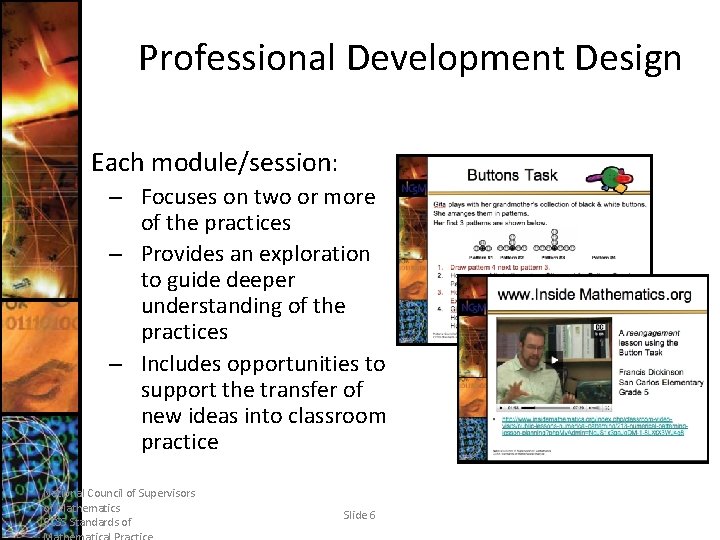 Professional Development Design Each module/session: – Focuses on two or more of the practices