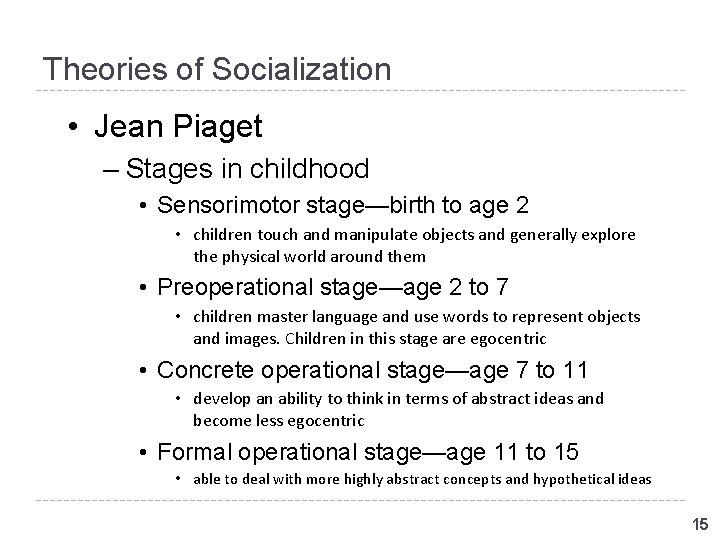 Theories of Socialization • Jean Piaget – Stages in childhood • Sensorimotor stage—birth to Theories of Socialization • Jean Piaget – Stages in childhood • Sensorimotor stage—birth to