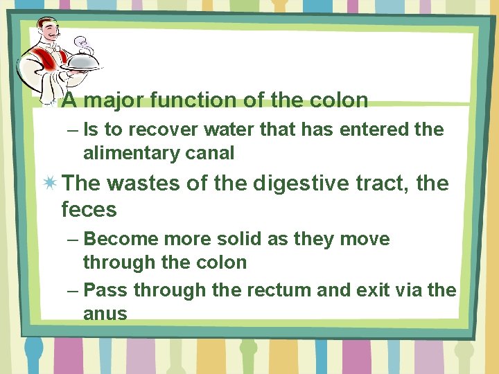 A major function of the colon – Is to recover water that has entered