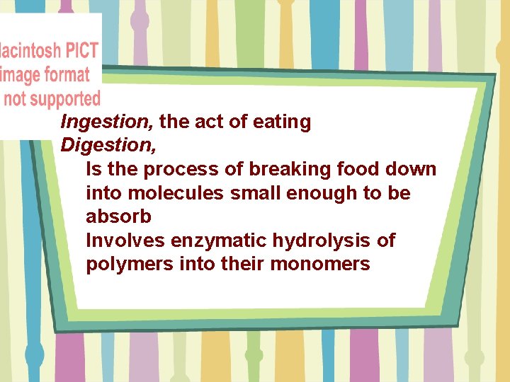 Ingestion, the act of eating Digestion, Is the process of breaking food down into