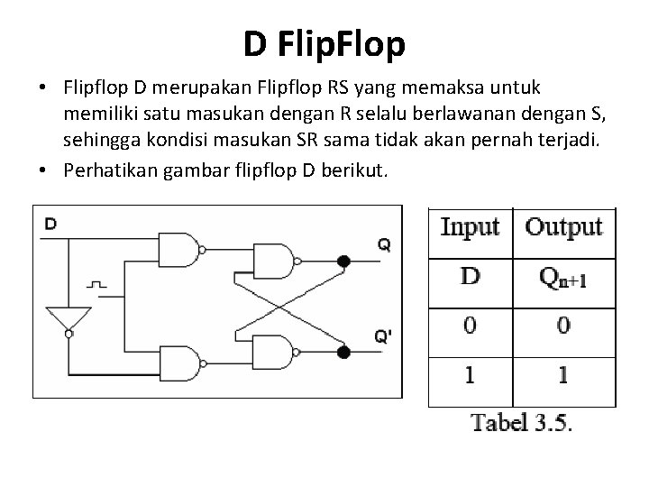 D Flip. Flop • Flipflop D merupakan Flipflop RS yang memaksa untuk memiliki satu