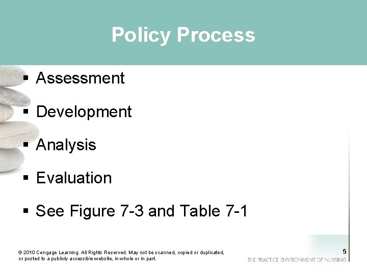Policy Process § Assessment § Development § Analysis § Evaluation § See Figure 7