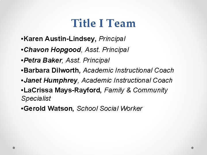 Title I Team • Karen Austin-Lindsey, Principal • Chavon Hopgood, Asst. Principal • Petra