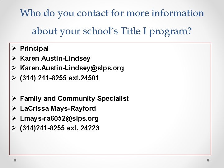 Who do you contact for more information about your school’s Title I program? Ø