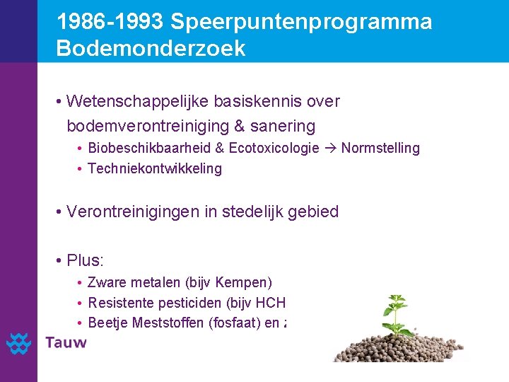 1986 -1993 Speerpuntenprogramma Bodemonderzoek • Wetenschappelijke basiskennis over bodemverontreiniging & sanering • Biobeschikbaarheid &