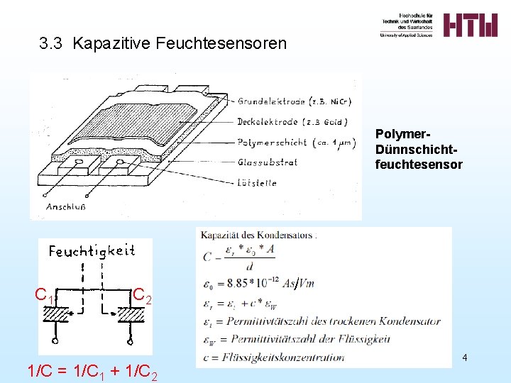 3. 3 Kapazitive Feuchtesensoren Polymer. Dünnschichtfeuchtesensor C 1 C 2 1/C = 1/C 1