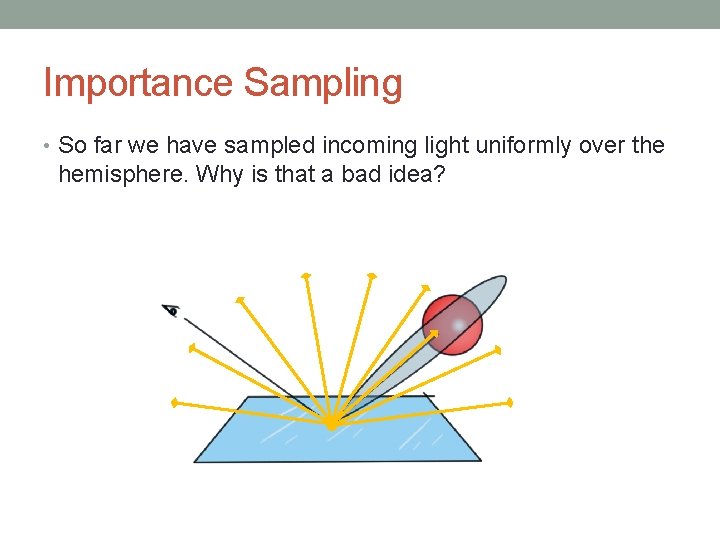 Importance Sampling • So far we have sampled incoming light uniformly over the hemisphere. Importance Sampling • So far we have sampled incoming light uniformly over the hemisphere.