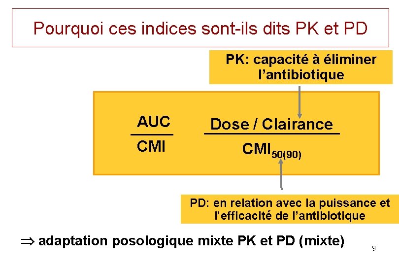 Pourquoi ces indices sont-ils dits PK et PD PK: capacité à éliminer l’antibiotique AUC