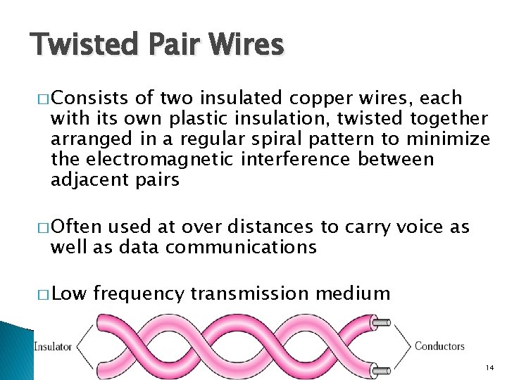 Twisted Pair Wires � Consists of two insulated copper wires, each with its own