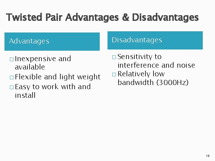 Twisted Pair Advantages & Disadvantages Advantages � Inexpensive and available � Flexible and light