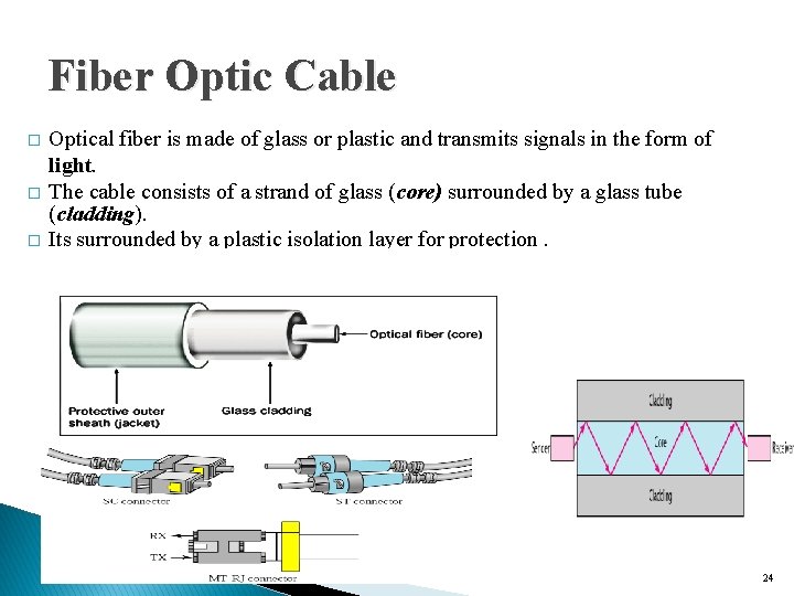 Fiber Optic Cable � � � Optical fiber is made of glass or plastic