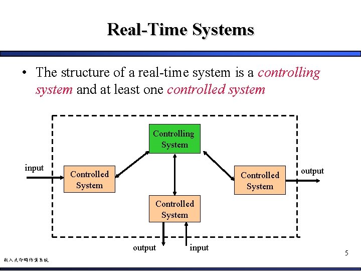 Real-Time Systems • The structure of a real-time system is a controlling system and