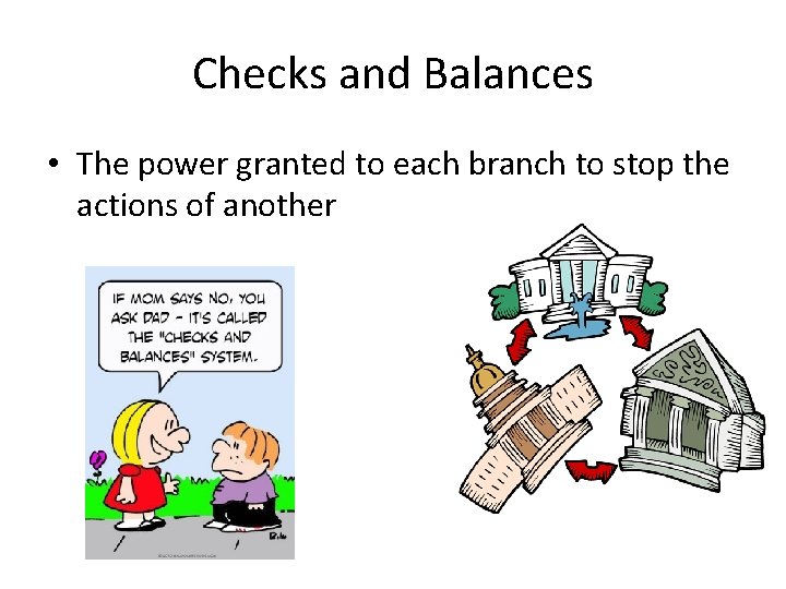 Checks and Balances • The power granted to each branch to stop the actions