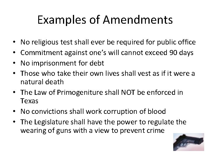 Examples of Amendments No religious test shall ever be required for public office Commitment