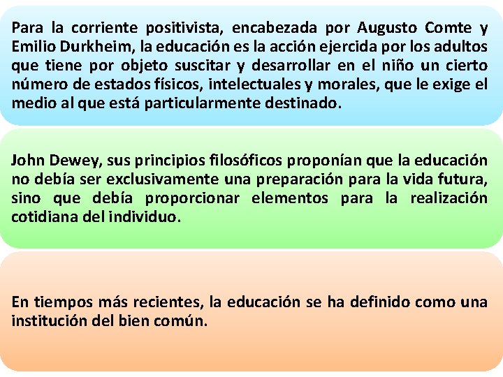 Para la corriente positivista, encabezada por Augusto Comte y Emilio Durkheim, la educación es