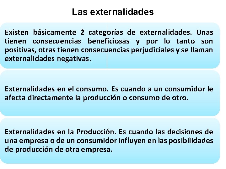 Las externalidades Existen básicamente 2 categorías de externalidades. Unas tienen consecuencias beneficiosas y por