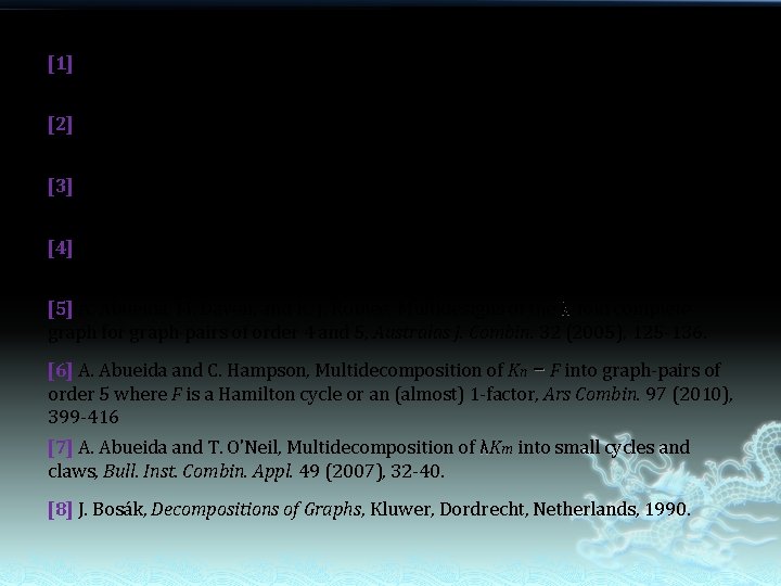 [1] A. Abueida, S. Clark, and D. Leach, Multidecomposition of the complete graph into