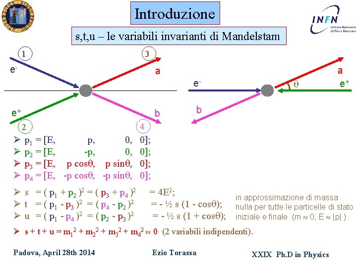 Introduzione s, t, u – le variabili invarianti di Mandelstam 1 3 e- a