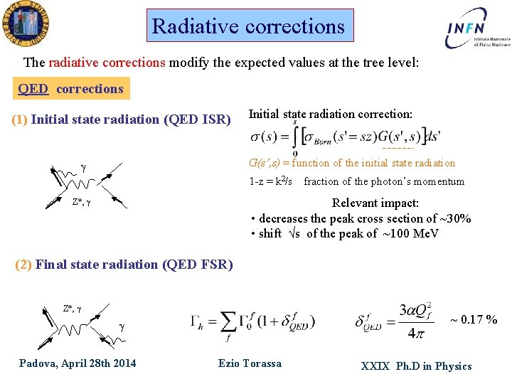 Radiative corrections The radiative corrections modify the expected values at the tree level: QED