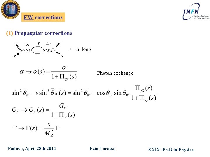 EW corrections (1) Propagator corrections Z/ f Z/ + n loop Photon exchange Padova,