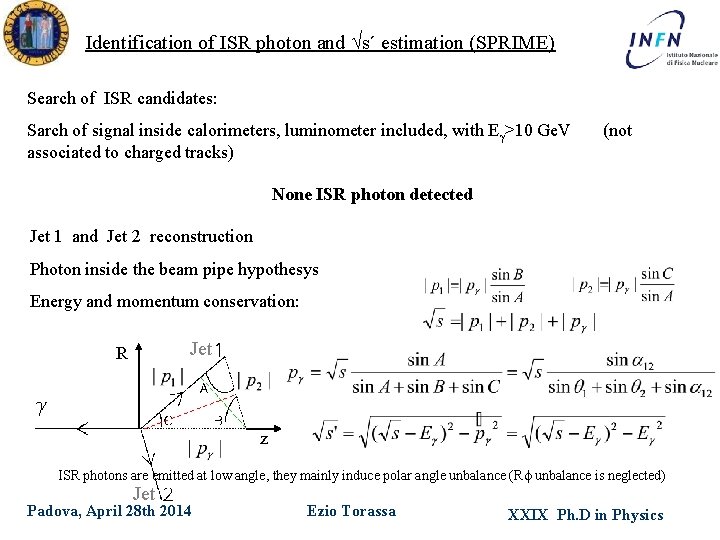Identification of ISR photon and s´ estimation (SPRIME) Search of ISR candidates: Sarch of