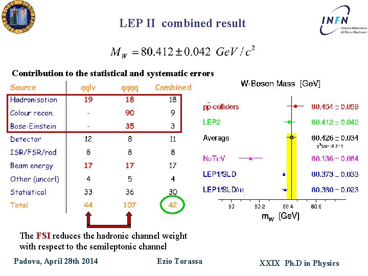 LEP II combined result Contribution to the statistical and systematic errors The FSI reduces