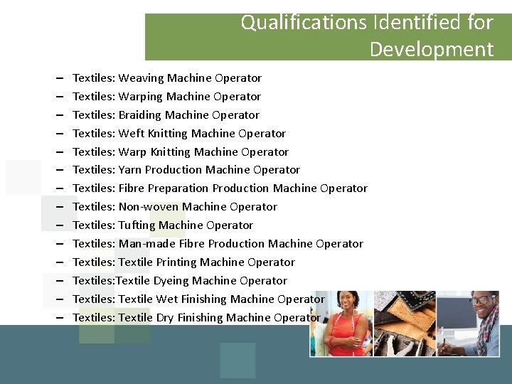 Qualifications Identified for Development – – – – Textiles: Weaving Machine Operator Textiles: Warping
