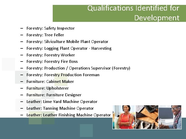 Qualifications Identified for Development – – – – Forestry: Safety Inspector Forestry: Tree Feller