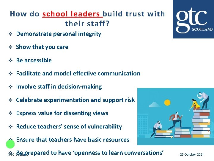 How do school leaders build trust with their staff? v Demonstrate personal integrity v