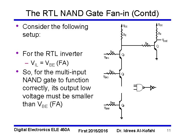 The RTL NAND Gate Fan-in (Contd) • Consider the following setup: VCC RC RC